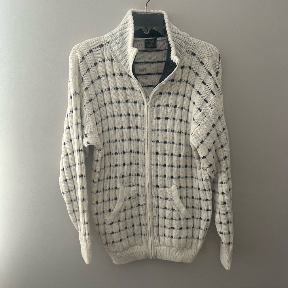Vintage Peruvian Alpaca Womens Full Zip Cardigan Sweater White Navy Blue Medium